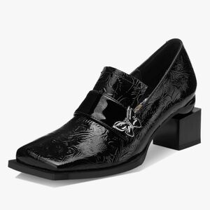 📣Unique Silver 🦋 Floral Embossed Black🖤 Patent Leather Loafer Block  Size 7